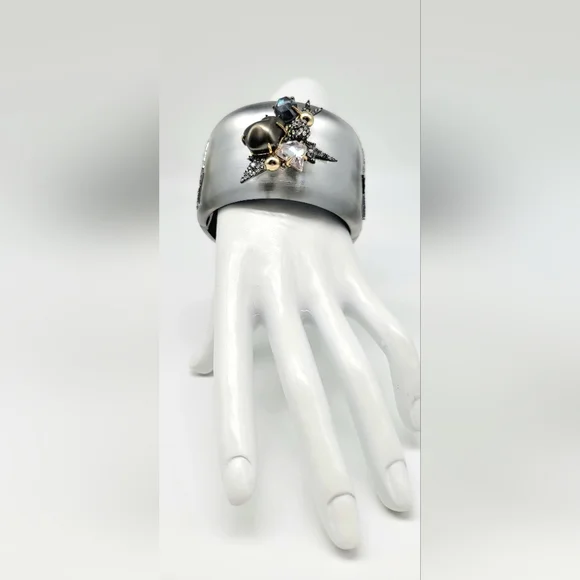 Alexis Bittar Silver Lucite Miss Havisham Statement Bangle Swarovski Crystals